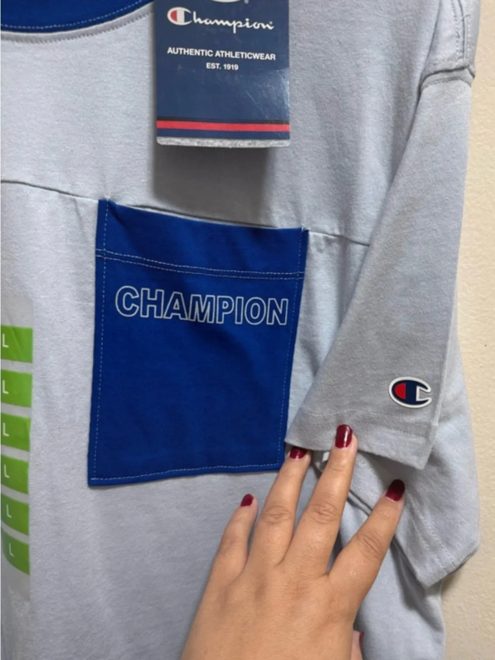 Champion Light Gray Short-Sleeve Tee with Blue Pocket - Picture 5 of 5